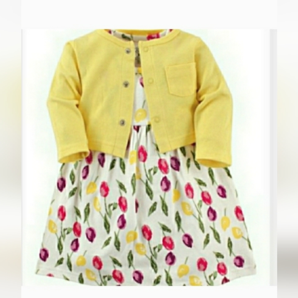 NWT LUVABLE FRIENDS 2 Pc Floral Dress & Yellow Cardigan 3-6 Months